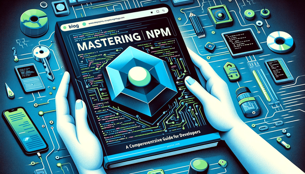 Cover for 'Mastering npm' guide with a tech-themed background and bold title, appealing to developers."